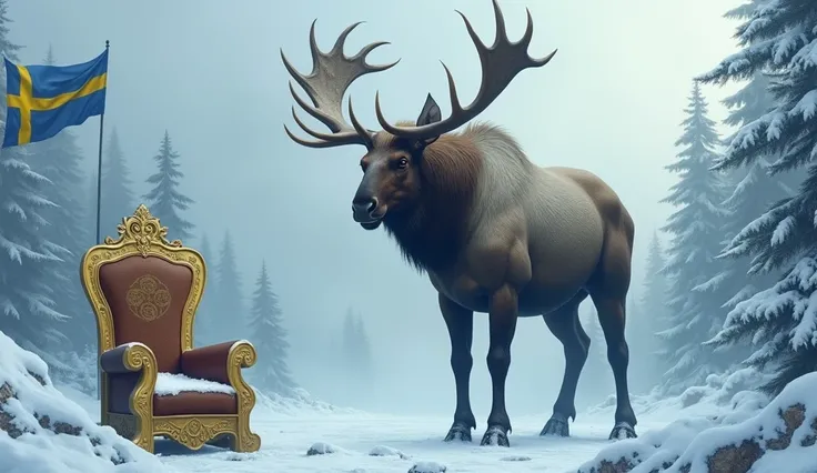 Create a powerful European Elk (Moose) warrior, representing the strength and spirit of Sweden. The figure should have a well-muscled human warrior body, built like a seasoned fighter, with defined, powerful muscles and a strong, battle-ready stance. The s...