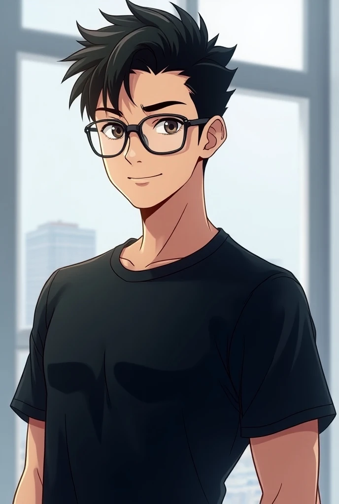 A tech boy look like handsome And wear glasses anime And black shirt name nikul