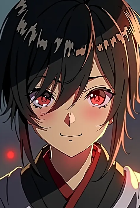 1 boy, detailed anime-inspired portrait, young samurai warrior, red eyes, traditional japanese hairstyle, hair partially covering face, slight smile, mascara de diablo de army two, (best quality,4k,8k,highres,masterpiece:1.2),ultra-detailed,(realistic,phot...