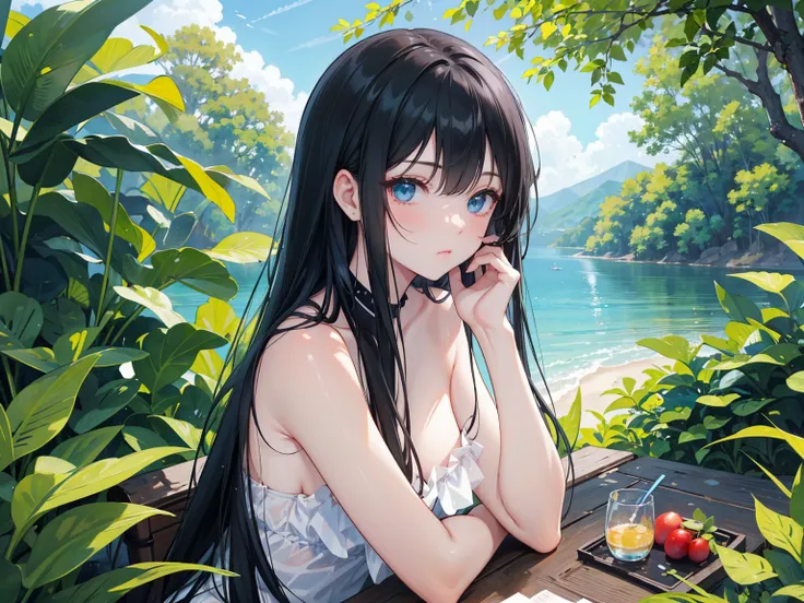  long black straight hair , swimsuit,  blue eyes，Holding a blue bottle, Relaxation posture, sit, Review, healthy skin, Outdoor scenery, Green leaves and blue sky, Bright natural light  ,  The sun shines in from the top left, Warm and soft atmosphere, Side ...