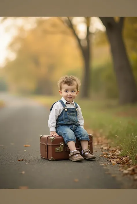 there is a small boy sitting on a suitcase on the road, a portrait by Bernardino Mei, shutterstock contest winner, art photography, cute boy, outdoor fine art photography, modeling photography, , outdoor fine photography, little , 85mm photography, boy, fi...