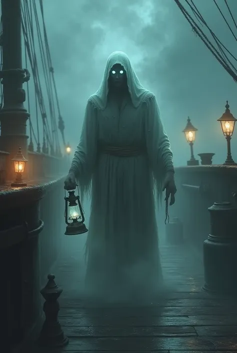 A Ghostly Sailor, spectral mariner with tattered uniform, glowing white eyes, holding a spectral lantern, haunted ship deck, misty sea background, dim lanterns, atmosphere of lost voyages and ghostly tales.