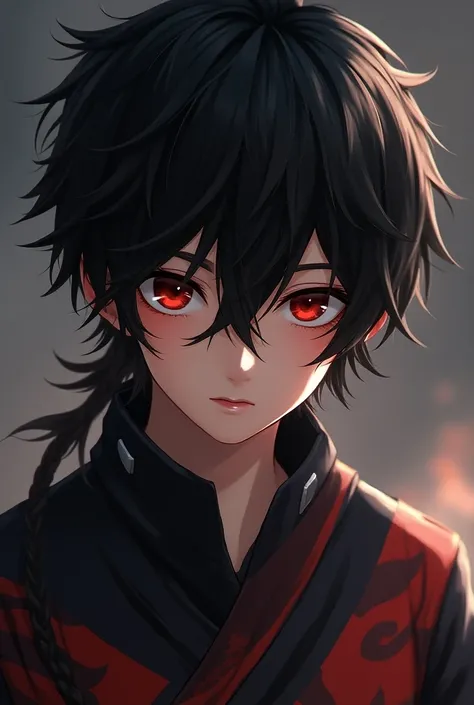 1 boy, detailed anime-inspired portrait, young samurai warrior, red eyes, traditional japanese hairstyle, hair partially covering face, slight smile, mascara de diablo de army two, (best quality,4k,8k,highres,masterpiece:1.2),ultra-detailed,(realistic,phot...