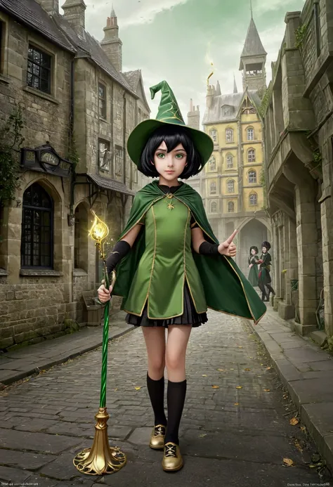 A daughter of severus snape,((10years old))),englad girl, anime, Girl with short black hair, green eyes , golden witch clothes, pointy hat, magic, epic, anime, moe, cartoon, happy, magic land in the background, magic stick