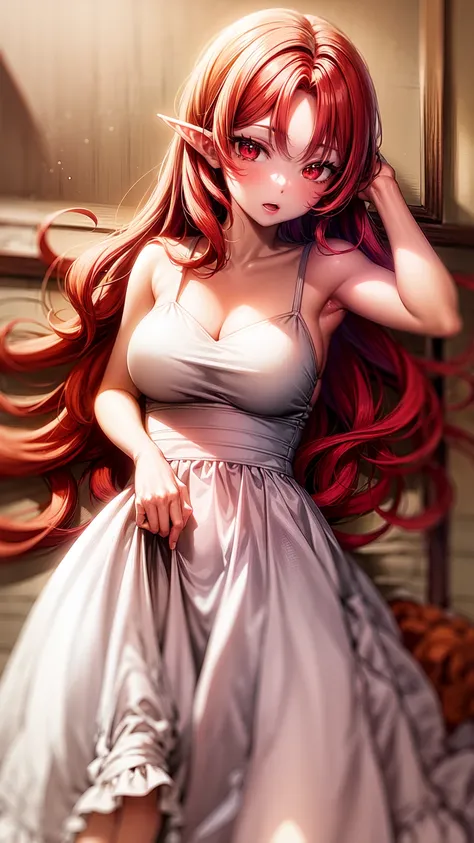 Chica anime,red eyes,Red hair,Elf ears,eleven, white dress ,long skirt,Milf,adult woman, long hair , wavy hair 