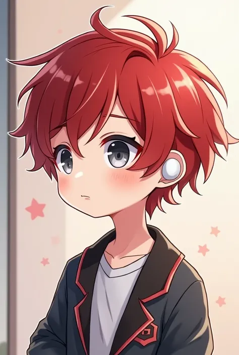 Make a red haired anime boy character who likes listening to music wearing his airpods. He looks very handsome and very majestic. His eyes are gray. The hairstyle is very handsome. Chibi version