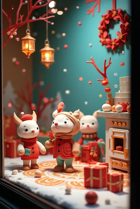 window display, 3 art toy models of Dimoo in the middle, blind-box commercial, Christmas Eve decoration, oven, presents, snowflakes, colorful papercut