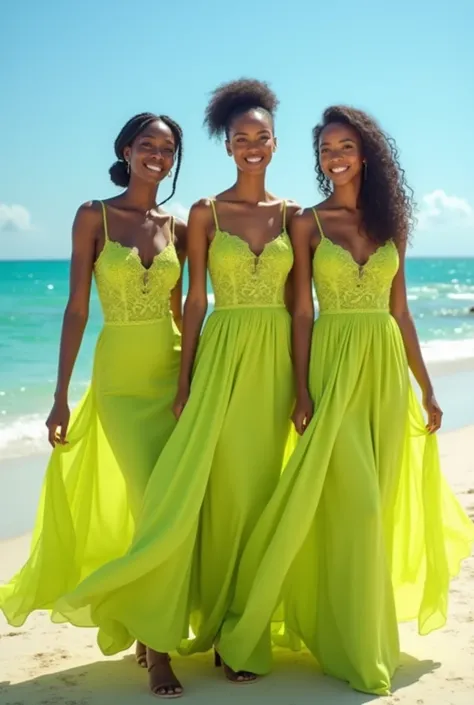 Beautiful nigerian women in lime bridesmaids dress beach