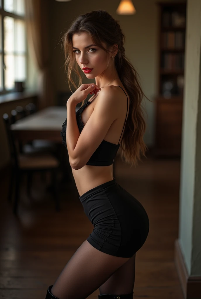 brown hair color、hair pulled back、ponytail、cute face、red lips, cute smile, she wears a top with low cleavage long sleeves and a skirt., upskirt view、black pantyhose、wearing black high heel boots、adult german woman、full body portrait、indoor.、sexy, orgy, kis...