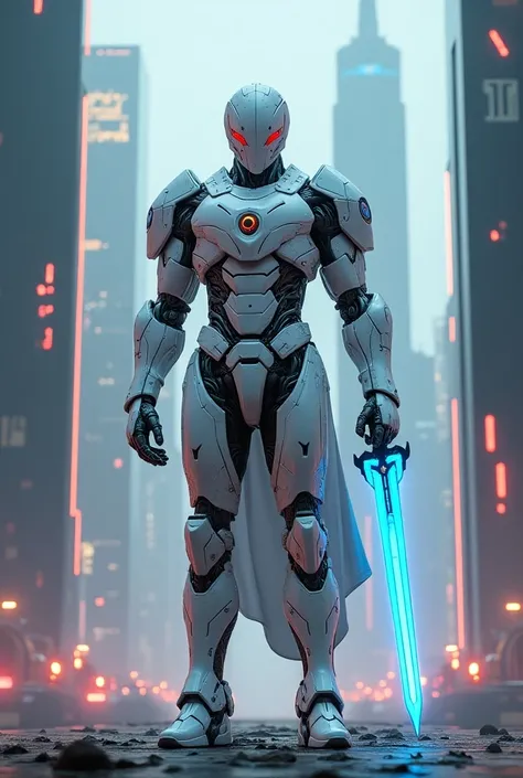 Image in Mechborg style. A majestic white and silver-armored warrior standing in front of a massive gate with neon symbols, gripping a glowing sword, as the sprawling cyberpunk city extends endlessly behind