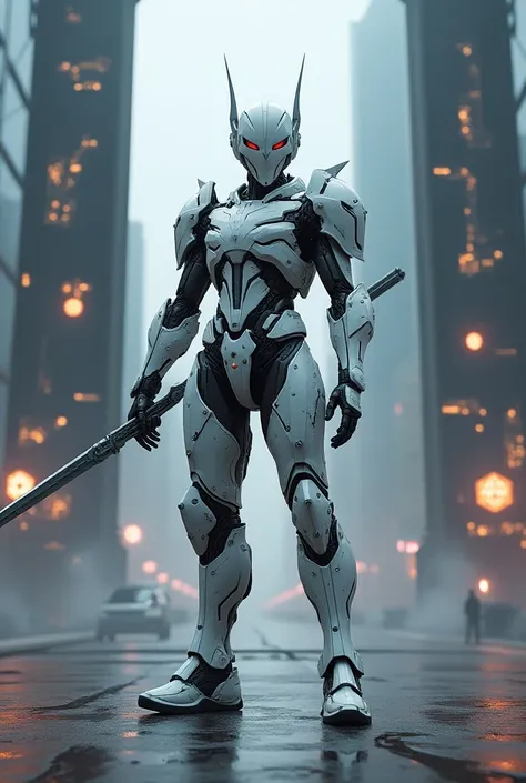 Image in Mechborg style. A majestic white and silver-armored warrior standing in front of a massive gate with neon symbols, gripping a glowing sword, as the sprawling cyberpunk city extends endlessly behind