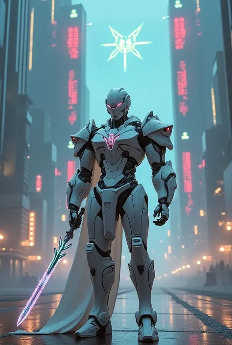 Image in Mechborg style. A majestic white and silver-armored warrior standing in front of a massive gate with neon symbols, gripping a glowing sword, as the sprawling cyberpunk city extends endlessly behind