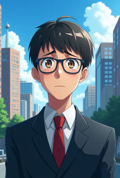 
Anime, best quality, high quality, good anatomy, create a man, bowl cut, brown eyes, slender body, tired face with dark circles, wears glasses, dressed like a salaryman, modern city background