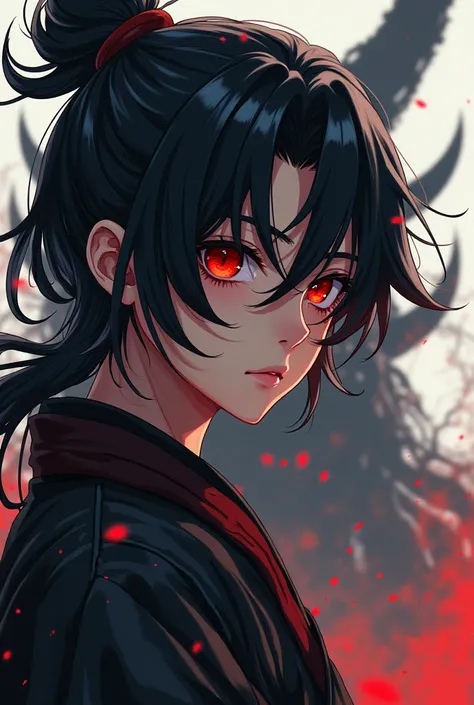 1 boy, detailed anime-inspired portrait, young samurai warrior, red eyes, traditional japanese hairstyle, hair partially covering face, army of two, devil mask, (best quality,4k,8k,highres,masterpiece:1.2),ultra-detailed,(realistic,photorealistic,photo-rea...