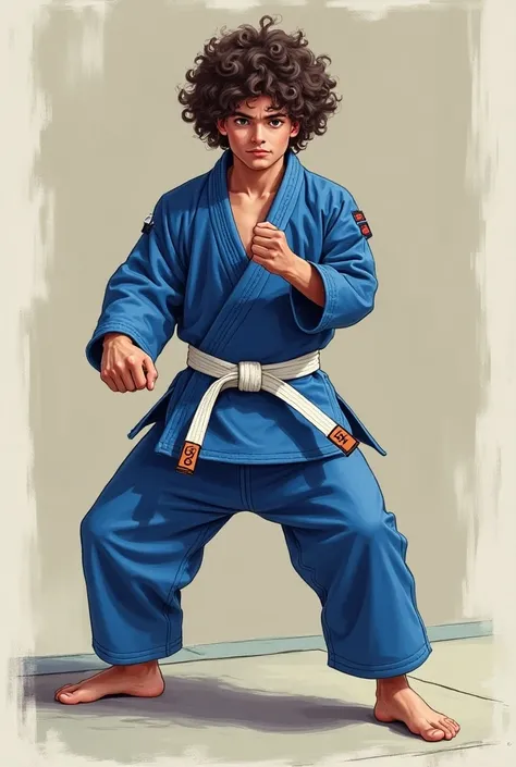 white boy,  on a jiu-jitsu mat .  He wears a blue kimono and a white band with a degree.  He has curly hair ,  type 3A with 3B in a medium size . Must be around 1 , 70 tall and weighs 70 kilos . Make a realistic drawing.