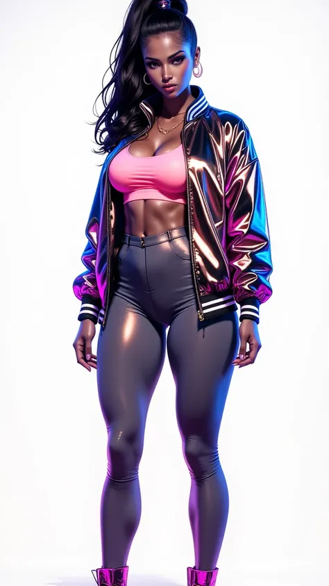 Neon Edge Cyberpunk
A Saudi Arabian woman with sleek black hair styled into a high ponytail, wearing a holographic metallic jacket over a neon crop top, paired with high-waisted techwear pants and reflective boots. She stands confidently, her hazel eyes gl...