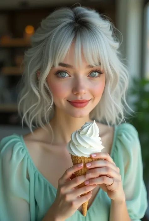 a close-up of a person holding an ice cream cone, sweet girl, woman with wavy silver hair, bangs, light blue eyes, red lips, tender green dress,