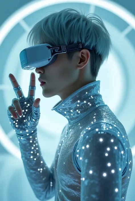 Photorealistic, Portrait of a handsome young man, Korean k-pop idol, short hair, silver gray, full naked, full body, SXR sci-fi style, glowing silver, high-tech, standing in a glowing dome, photographed. The SXR brand has an exotic and modern design, chara...