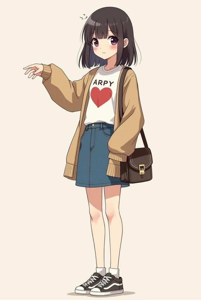  shortcuts, Character T-shirts,  loose cardigan ,  denim skirt,  sneakers,  casually bag with character goods straps, Big slender eyes ,  slender and slightly petite figure ,  bangs hanging over eyes ,  even your ears red when shy 