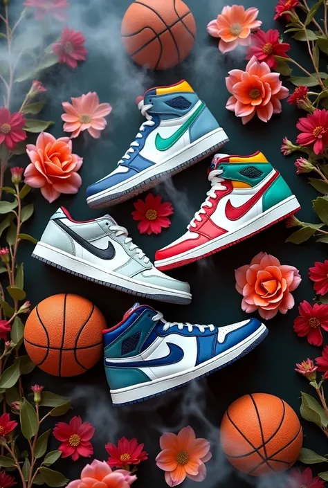 Window display of nike shoes with flowers, basketballs, white smoke, street style, graffiti