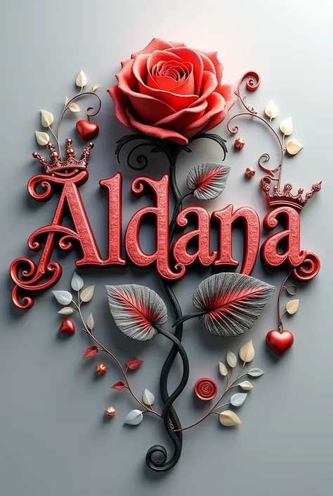 Prompt 👇 

3D rendering of the name "ALDANA" in bright red, white and black. The tri-color. The name is intricately crafted in a floral pattern and decorated with crowns, hearts, and vines. The overall effect is regal and sophisticated.
The soft gray backg...