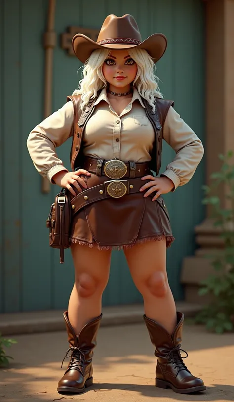 photorealistic portrait of plus size cowgirl, young albino girl, (elegant),(full body image:2.0),(glaring at camera:1.2), Wearing cowboy shirts and hat,(wearing leather short skirt and leather vest),(hands on hips:1.5),(happy),(highly detailed leather boot...