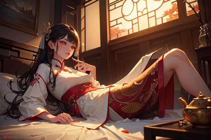 a beautiful chinese girl in traditional hanfu dress reclining on a bed, holding a smoking pipe, indoor scene with classic chinese architecture and autumn leaves, detailed portrait, cinematic lighting, oil painting style, warm color tones, (best quality,8k,...