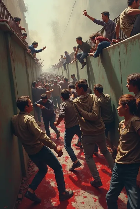 dramatic, intense scene capturing the moment of panic as people try to escape. Some climb walls, others protect their families, with dust and chaos everywhere, illustrating the horror of the massacre.