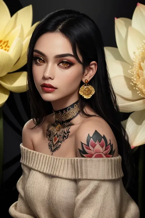 (( Best quality )), ((masterpiece)), (DETAILED), 1 chico,  off-the-shoulder sweater ,  lotus flower tattoos covering her neck,thick black hair ,  shiny golden eyes , earrings in his ears , fierce look,  long eyelashes  