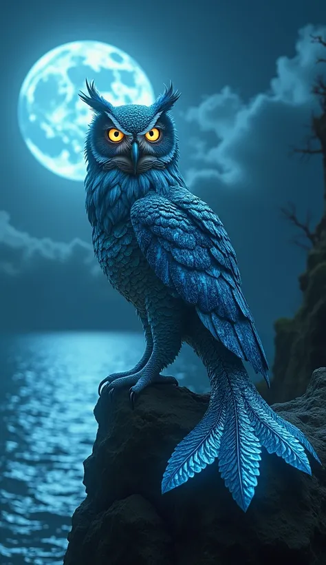 Mermaid-Owl: An owl with a mermaid’s shimmering tail, glowing sea-blue feathers, and deep, wise eyes, perched above a moonlit, ethereal ocean.