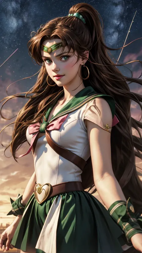 (solo, 1girl), (absurdres, highres, official wallpaper, poster), (masterpiece, best quality:1.2), (illustration, realistic), (perfect details, highest detailed, extreme detailed), dramatic light, AmiMizuno,makoto kino (sailor jupiter, neck ribbon,brown hai...