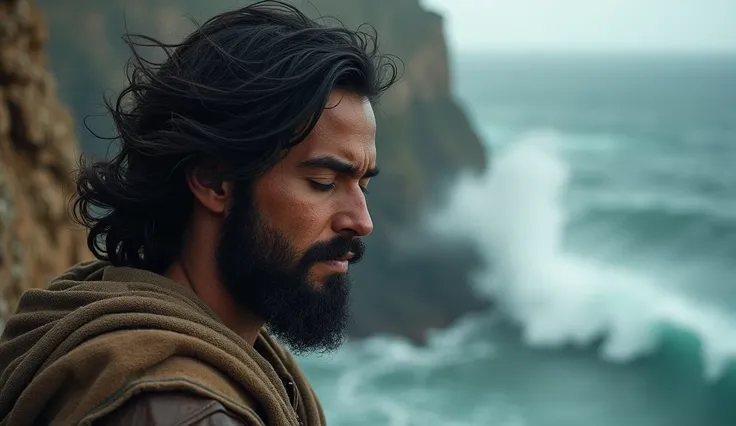 A close-up of David, black hair and beard, around 25 years old, dressed in a worn, leather tunic, A close-up of David standing on the edge of a cliff, his expression conflicted but determined. He looks out toward a stormy sea, his hands clenched at his sid...