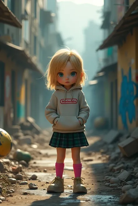 A girl, 1girl, cute, blonde hair, of the collections,  blue eyes , With Nintendo sweater, ( hands inside hoodie pocket ), pink socks, black and green plaid skirt,  in a ruined city , graffiti, garbage, debris, wrecked cars , god rays, ray tracing, Reflecti...