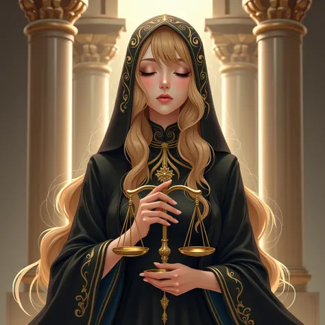 Elegant woman wearing a gold-patterned black veil holding scales 2.5D anime with pillar background, close your eyes, golden hair 