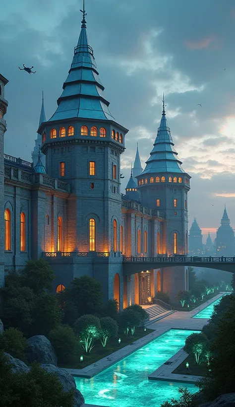 A futuristic, sci-fi reimagining of **Wawel Castle** in Poland, set against a twilight sky filled with distant, shimmering stars and nebulae. The castle’s iconic Gothic and Renaissance towers and spires are crafted from sleek, metallic materials, reflectin...