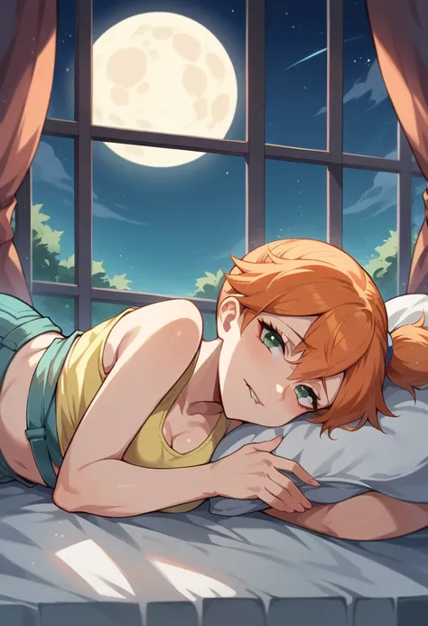 1girl, 1solo orange hair, side ponytail, green eyes, misty pokemon, yellow crop top, jean shorts, pretty, beautiful girl, lying in a bed, at night, a window in the background, starry night with a full moon, looking at viewer, biting her own lip