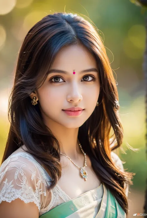 a cute indian girl, detailed eyes, beautiful lips, long hair, impressive hairstyle, wearing a beautiful saree with lace details, jewelry, happy expression, whole body capture, nature background with flowers, afternoon lighting, clear weather, (best quality...