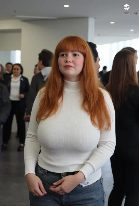 epiC35mm, 18 year old woman wearing a white turtleneck standing in a modern office, thinking, long ginger hair, bangs, freckles:1.3, group of people in the background, taken on a canon R5 camera, gigantic breasts, no bra, gigantic breasts are bulging in th...