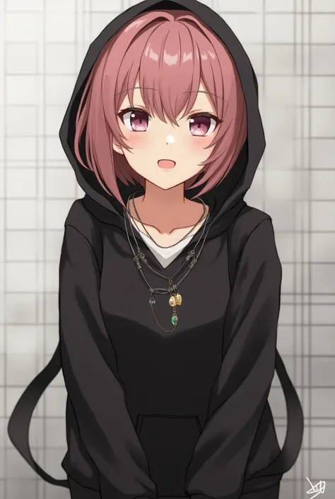  pink brown hair with a short cut 、 hair that spreads softly 、 and the black hooded hoodie is my trademark, but 、 Wear tank tops and camisoles that show off a little skin as the inner 、Put on several necklaces 、 casually wear simple pendants with recommend...