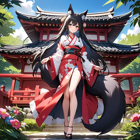 ((32K)), ((Best Quality)), (( ultra high resolution )), (( Hi-Res)), ((超 Hi-Res)), (( highly detailed CG)), ((unity 32K wallpaper)), (masterpiece, Best Quality),(One fox girl)、Black fox ears、( 1 black fox tail holding temari:1.2)、 beautiful dark eyes 、Blac...