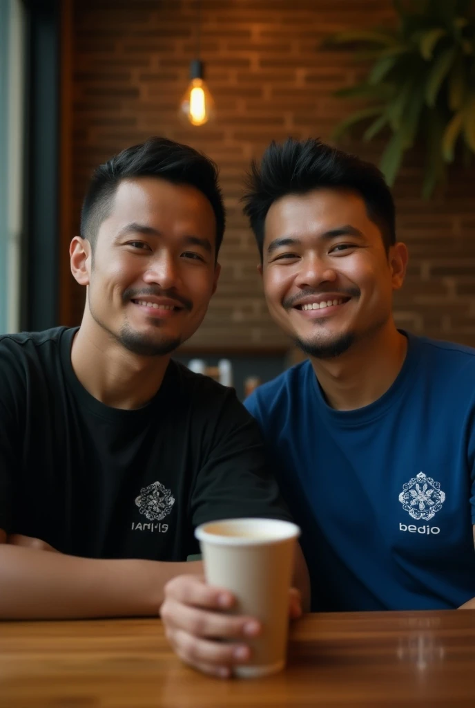 realistic, cinematic, Close-up, two handsome Indonesian men are sitting together at a wooden table facing the camera. The first man wore a black shirt with short hair with the HANIF logo and the second man wore a blue shirt with bushy hair with the BEDJO l...