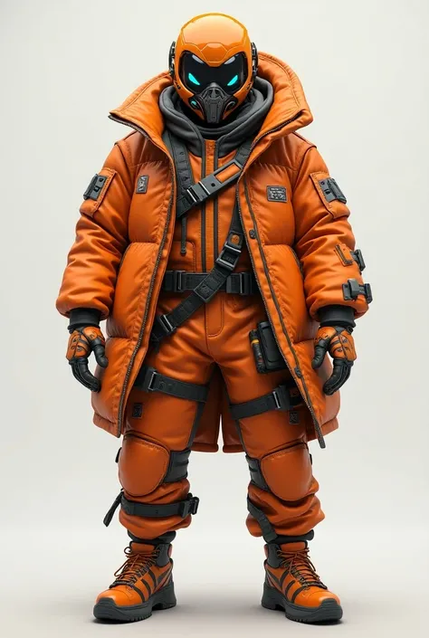 a futuristic orange Jacket Overwatch style outfit, detailed mask, orange helm, detailed clothes, full body, multiple angles