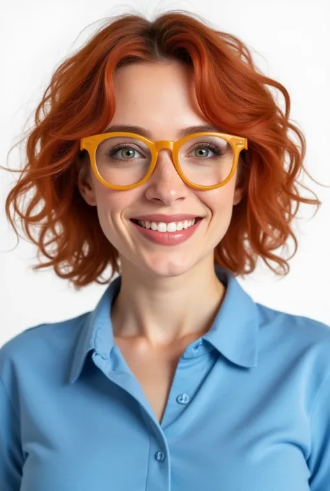 photorealistic, half-length portrait, a fashion smiling young woman, green eyes, red curly hair, freckles. wearing yellow round glasses, blue polo shirt, white background, high resolution, intricate details, 8k