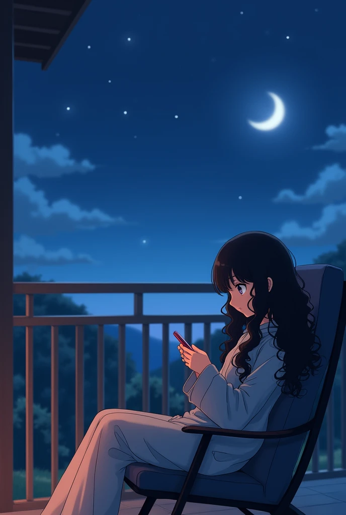 An anime girl with black long curly hair wearing night suit of grey color seating on a chair in the balcony with half  moon using phone  