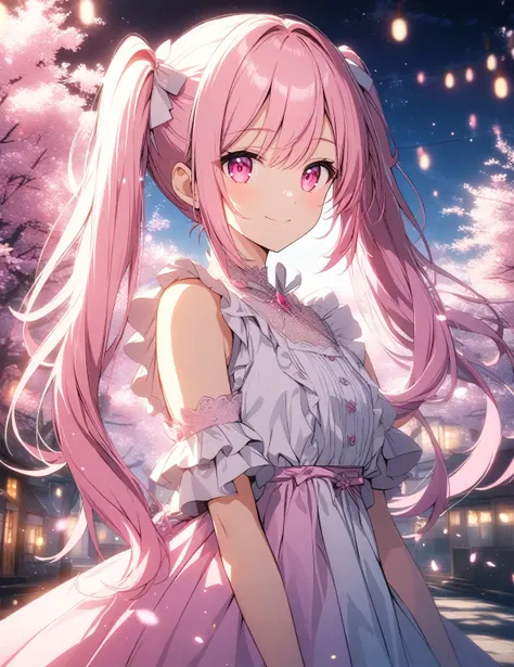 1girl, solo, Pink Shine Bright Hair, hair between eyes, Long hair, lush twintails, (Pink shiny Bright Eyes), cute, Mesmerise, Little smile, closed mouth,  (cowboy shot, half body),  BREAK
(gradient dress), BREAK
outdoors, blooming sakura trees, evening, li...