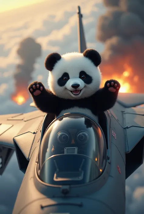 Baby, Panda, Airplane is at war with a happy smile