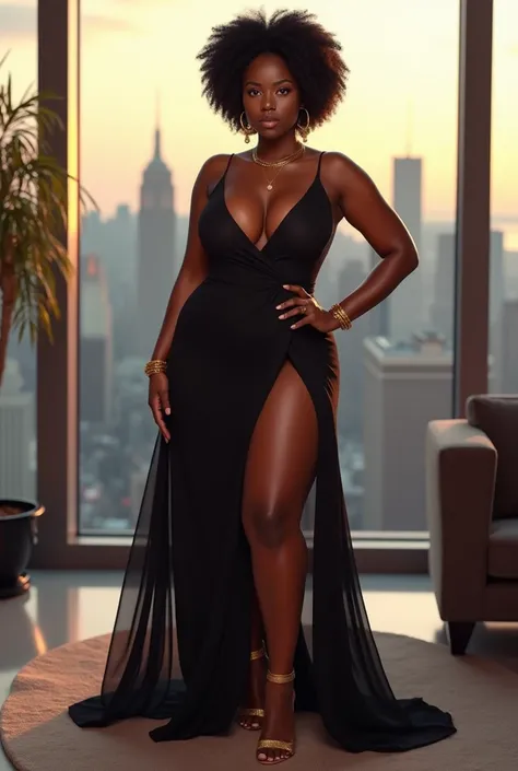 A curvaceous Black woman in a sultry, chocolate brown chiffon wrap dress with a plunging neckline and a high thigh slit, styled with gold strappy sandals and delicate jewelry, her hair in a voluminous afro as she poses against the backdrop of a luxurious p...