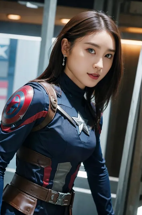 masterpiece,  1 girl, beautiful woman、marvel's captain america , delicate and delicate features,  american dream ,  holding a ro...