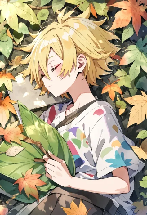 Watercolor colorful,boruto,girl,,solo,blonde hair,spicky short hair,sleeping,in leaves,boruto uzumaki