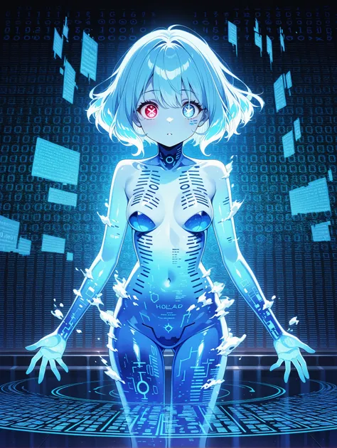 1girl, Monster girl ,digital creature , hologram girl , hologram personification, colored skin,  transparent skin, transparent_body, hologram body, glitching, binary code, two-tone hair, glowing hair, cyan hair, blue and cyan body, blue hues, dissolving in...